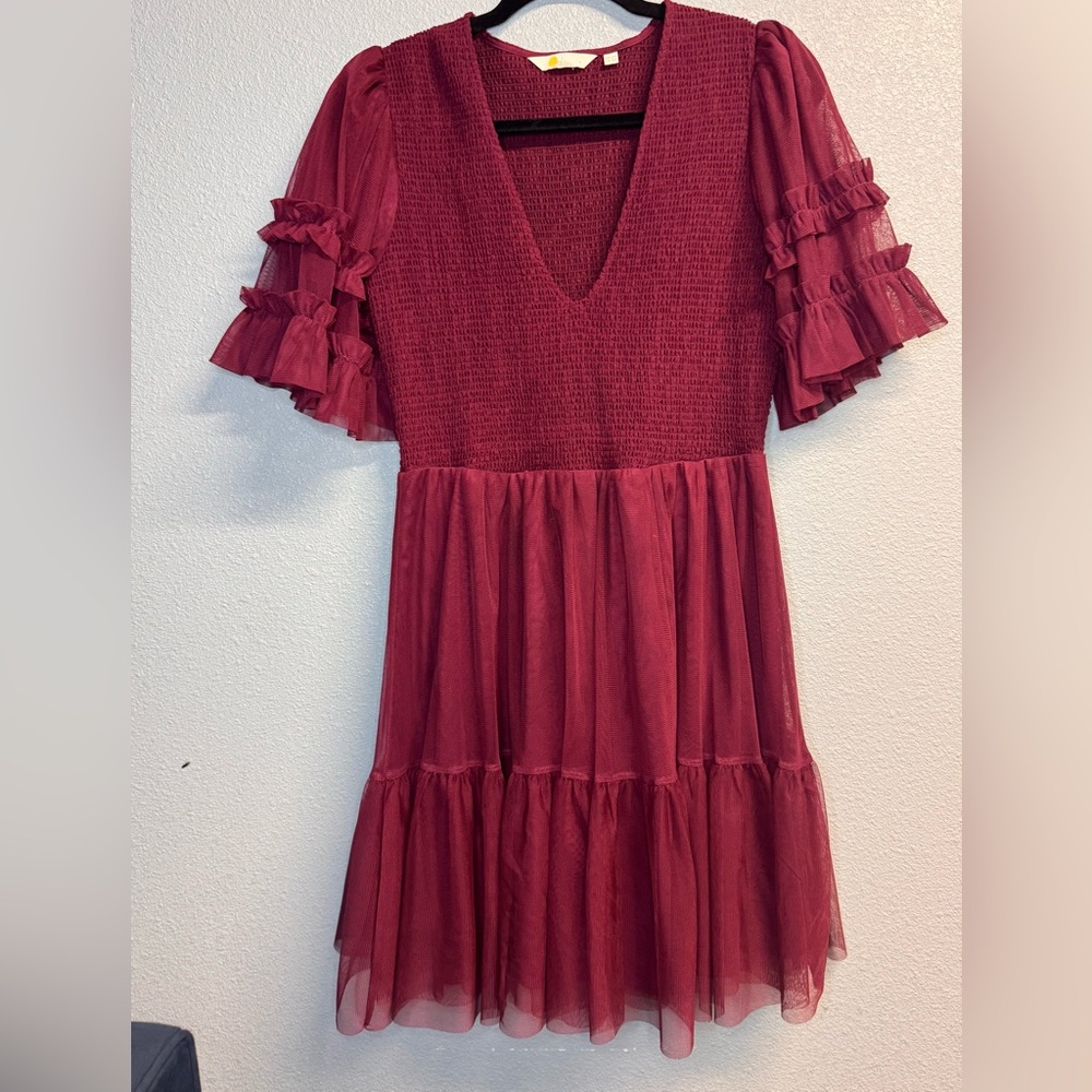 Boden Burgundy Smocked Tulle Tiered Mini Party Dress - Size US 8R romantic party - Picture 3 of 11
